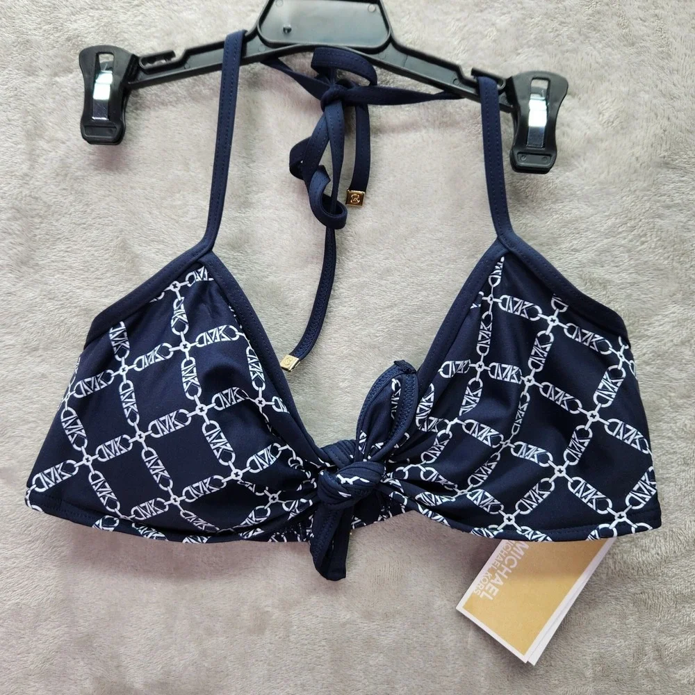 Michael Kors Bikini Top Womens Size S Navy Blue Logo‎ Print Tie Front Swimsuit
